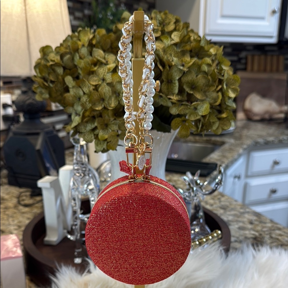 Dior Beauty Red and Gold Vanity Bag with Pearl Handle - Picture 5 of 6